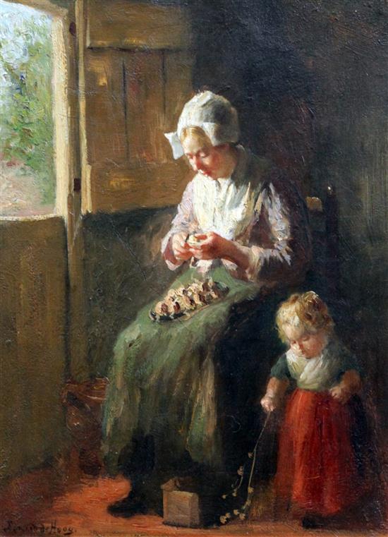 Bernard de Hoog (1866-1943) Interior with woman peeling onions and a child, 14.5 x 11in.